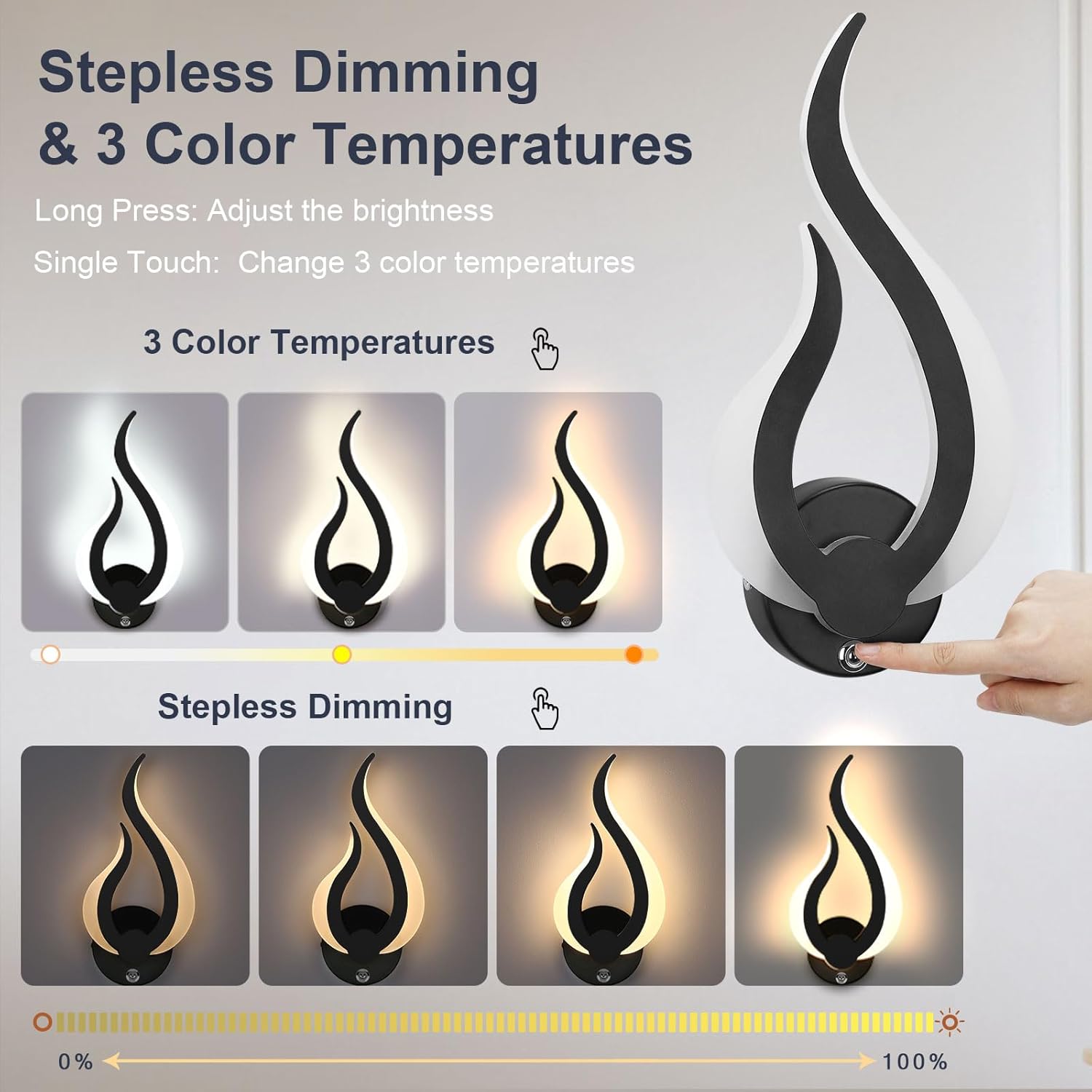 Wall light fixture with stepless dimming and 3 color temperature options on a gray background.
