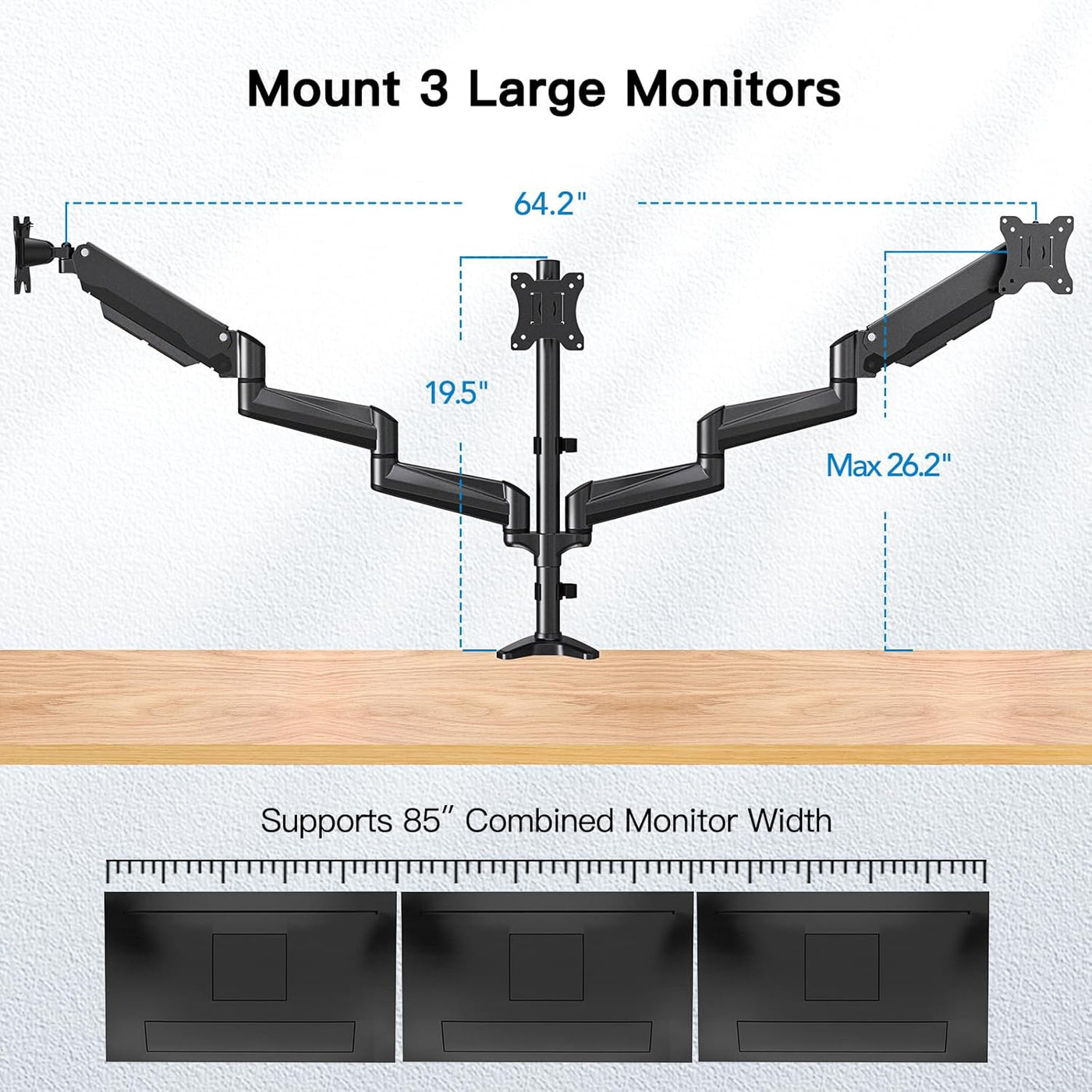 Triple Monitor Stand Desk Mount 17 to 32 Inch Adjustable Arms HUANUO