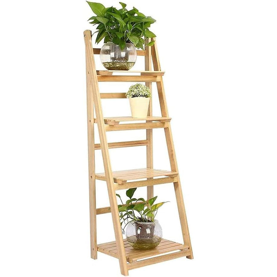 Wooden plant stand with multiple shelves holding potted plants on a white background