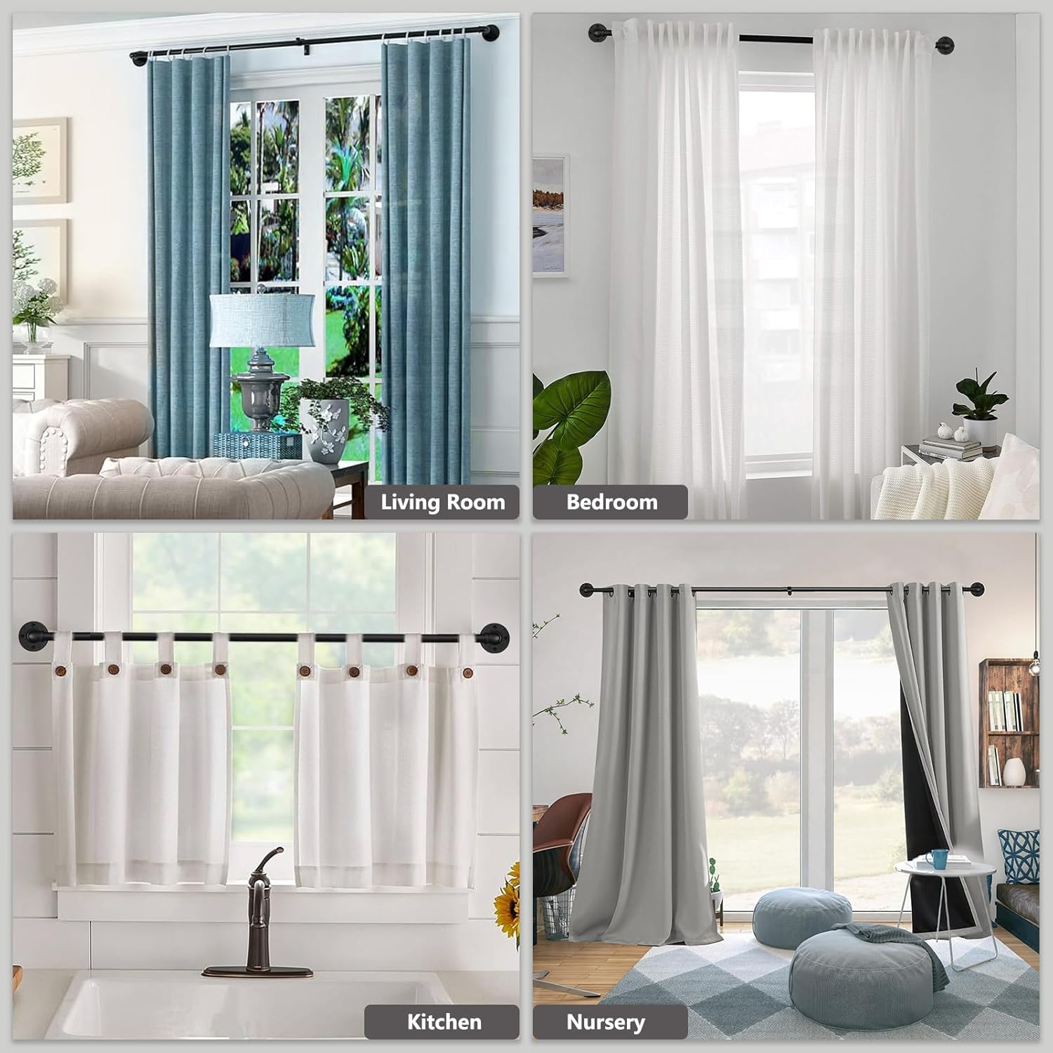 Curtains displayed in different rooms: living room, bedroom, kitchen, and nursery.