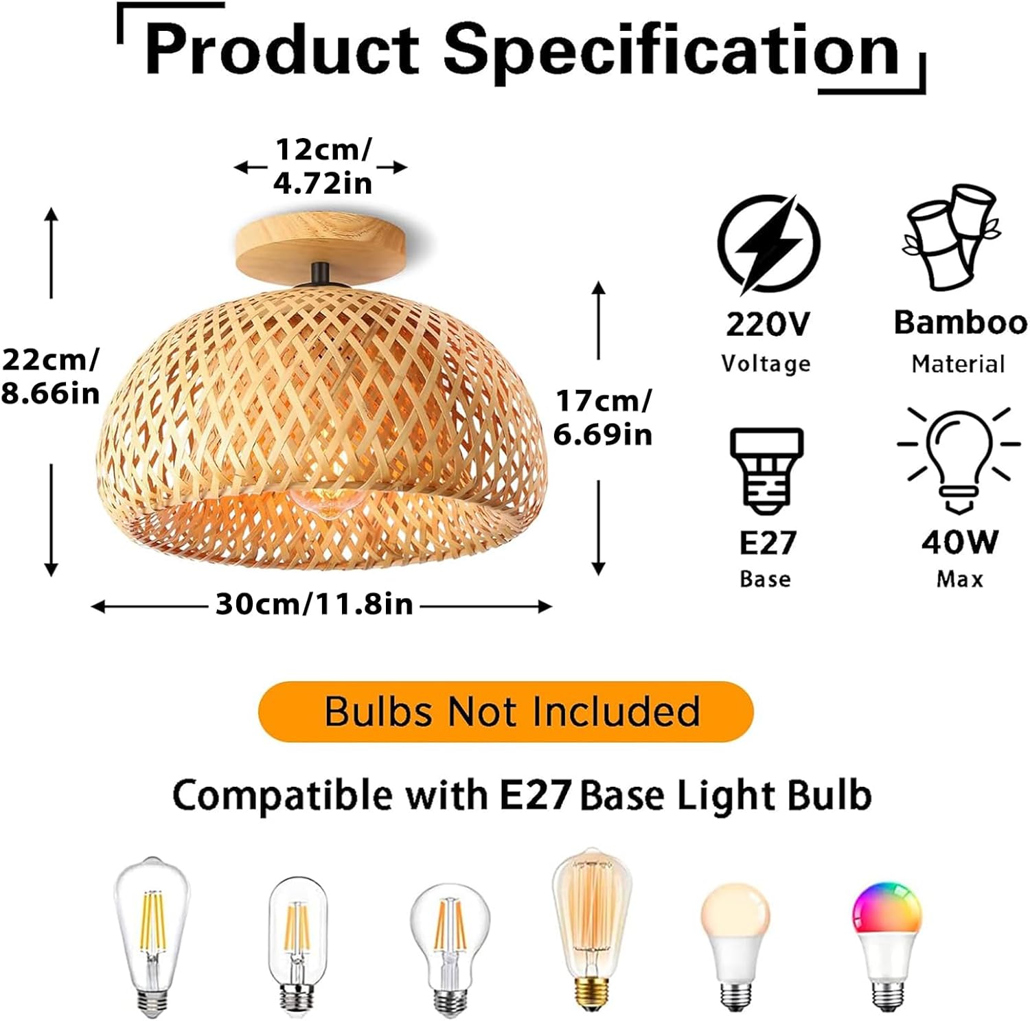 Product specification chart for a bamboo pendant light with dimensions, voltage, material, and bulb compatibility.