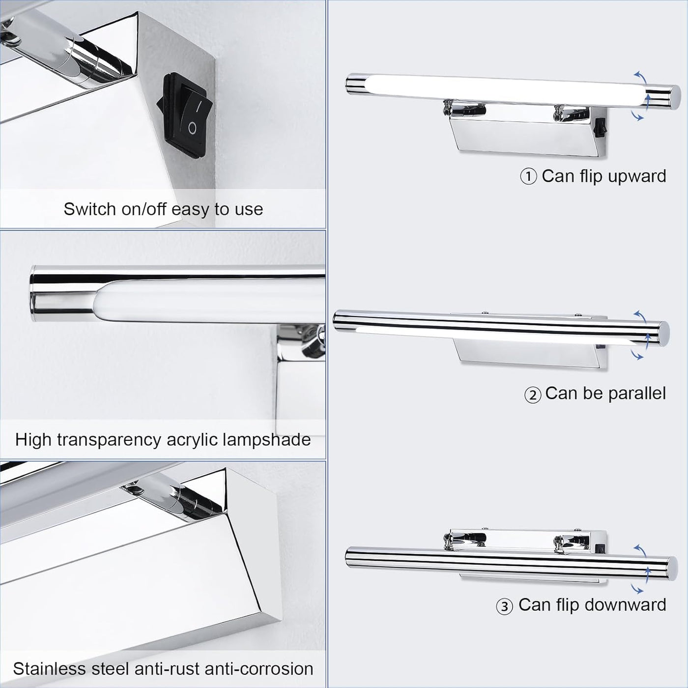 LED/Light with Switch for Mirror IP44 Waterproof Cool White 180° Adjustable Angle