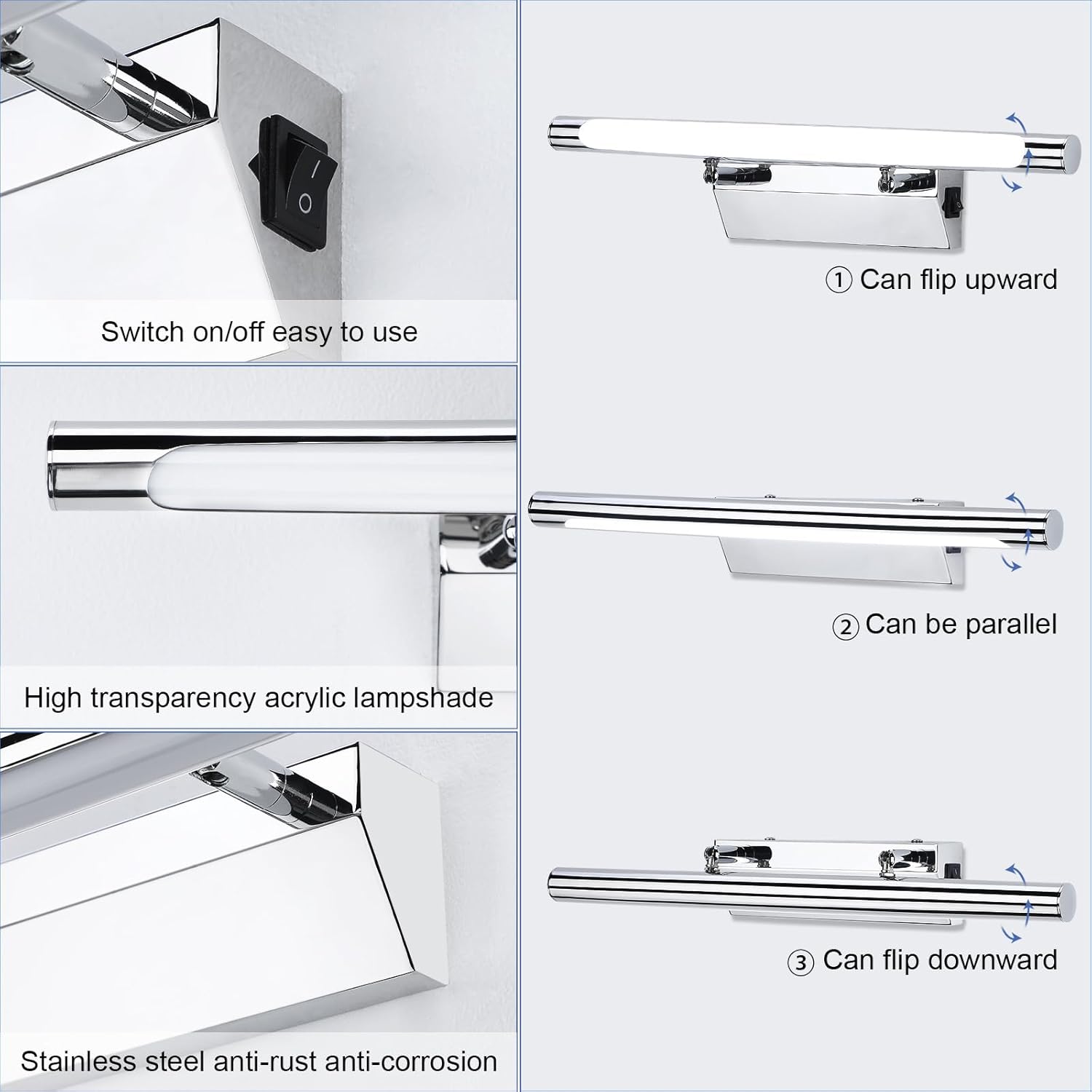 LED/Light with Switch for Mirror IP44 Waterproof Cool White 180° Adjustable Angle