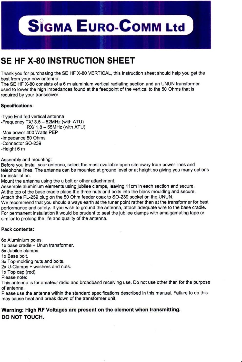 SE X80 VERTICAL HF RADIAL FREE ANTENNA 80 TO 6 METRES