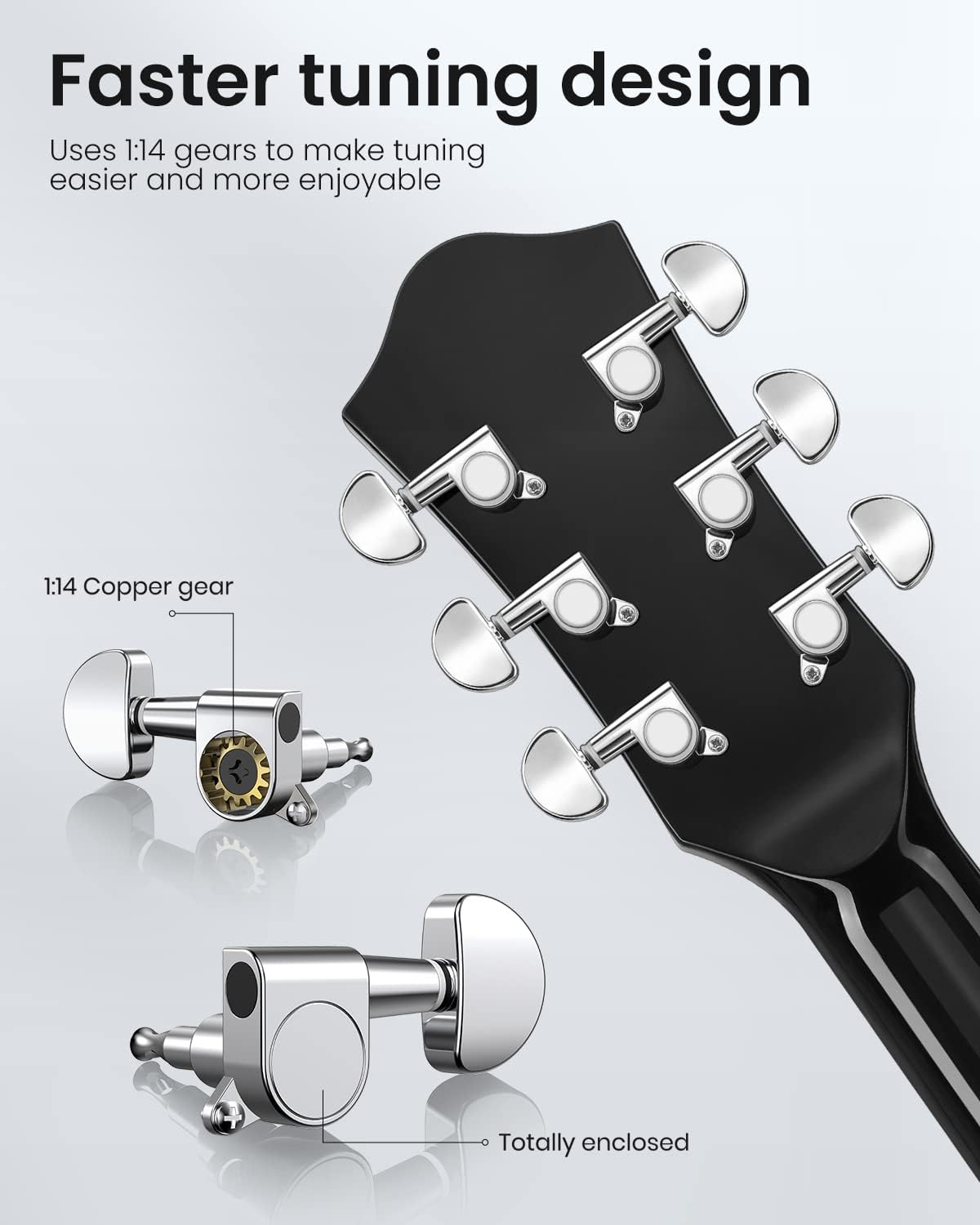 Guitar tuning pegs with copper gears and text on a light gray background