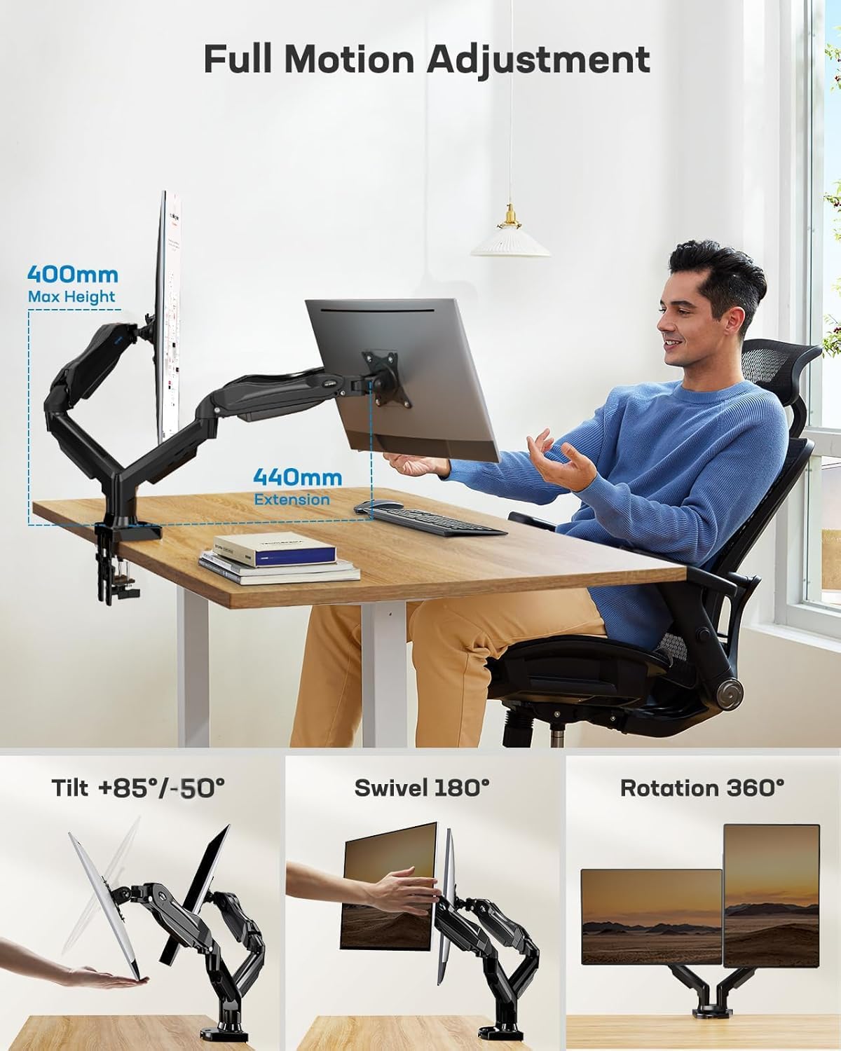 HUANUO Dual Monitor Arm 13–32", Adjustable Desk Mount, VESA 75/100