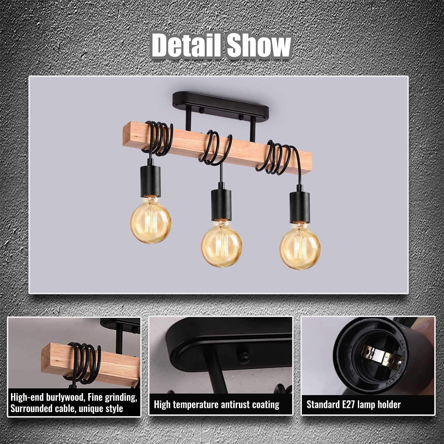 Ceiling light fixture with three bulbs on a gray background