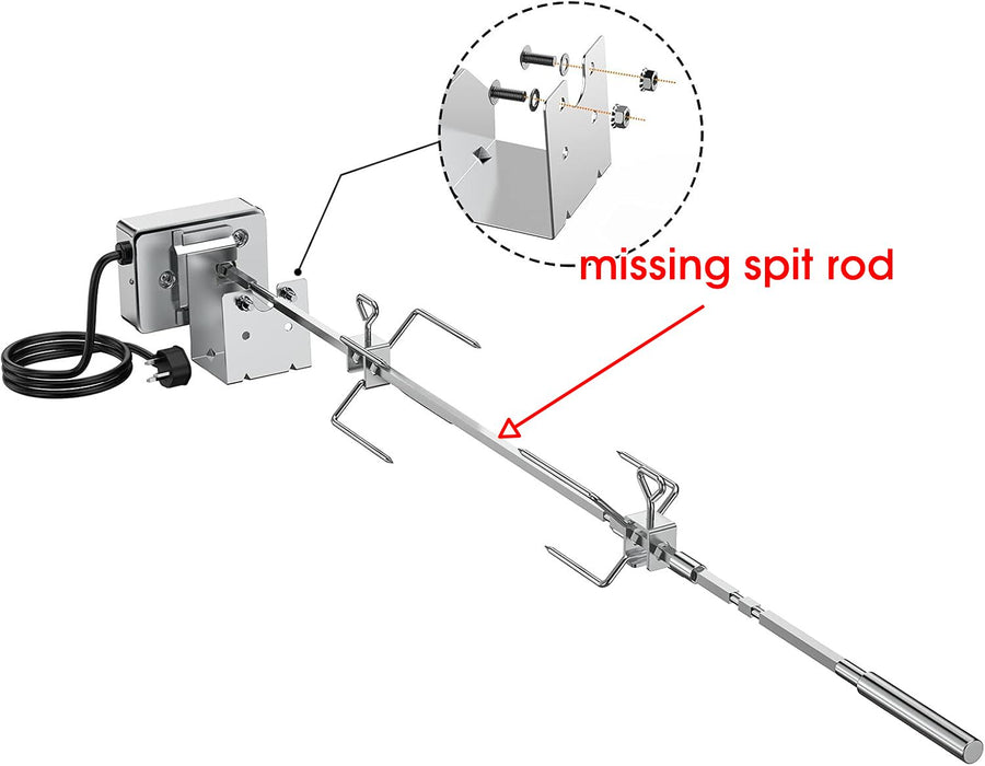Metal spit roasting device with a missing spit rod indicated by text and arrow.
