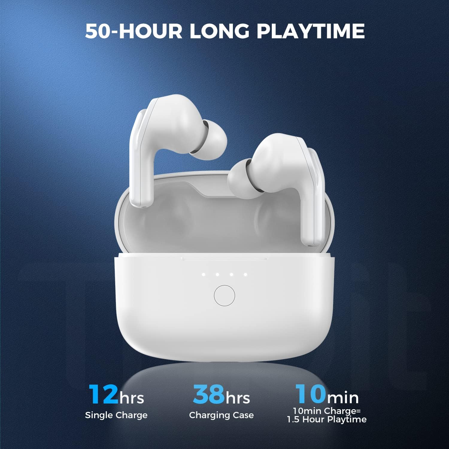 Wireless earbuds with charging case and playtime details on a gradient background