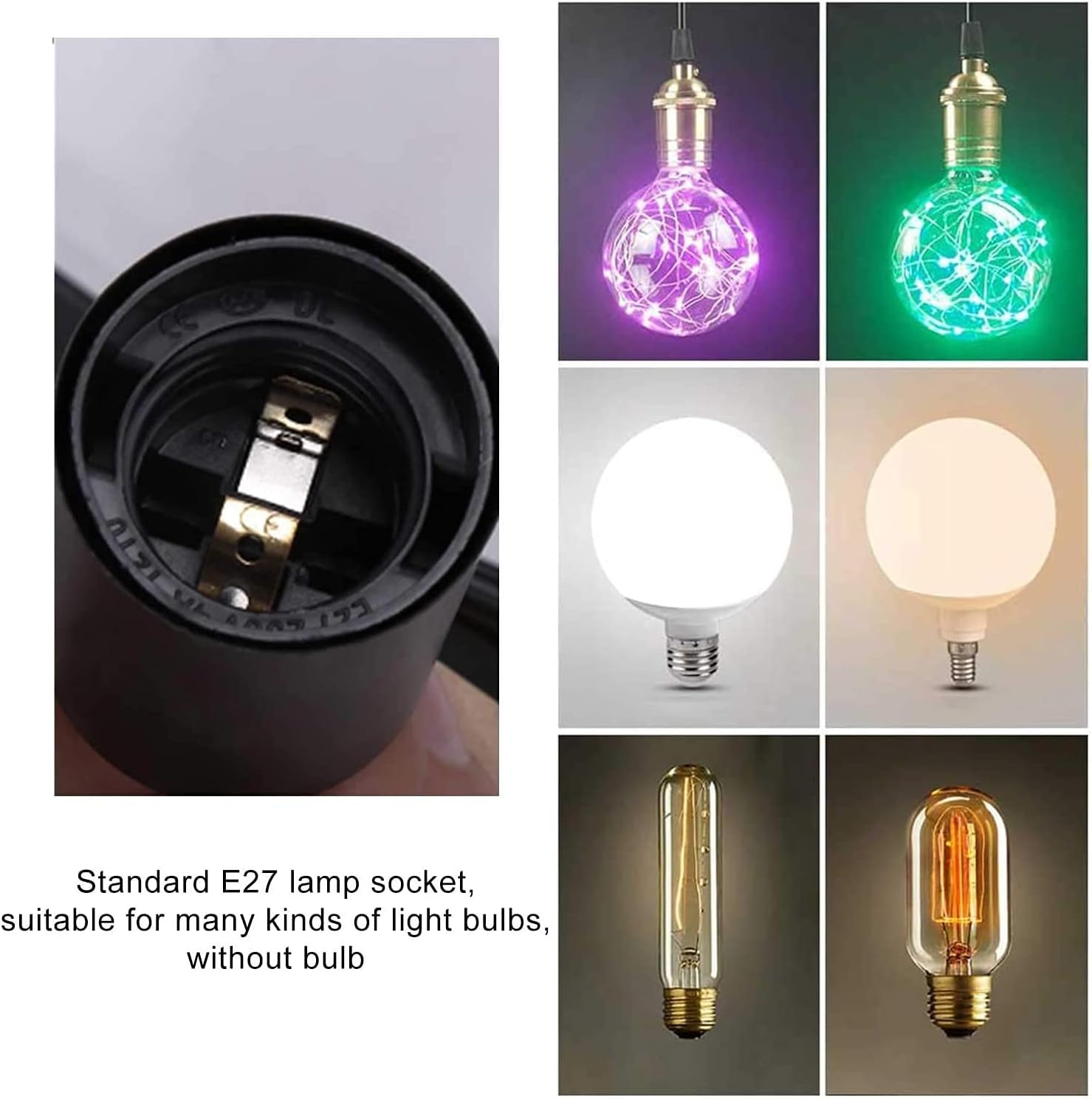 Light bulb socket and various light bulbs with different colors and designs.