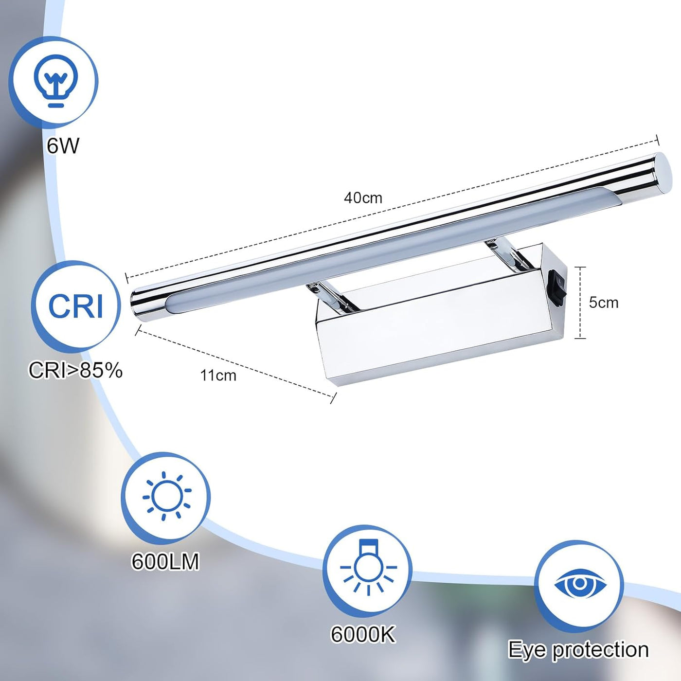LED/Light with Switch for Mirror IP44 Waterproof Cool White 180° Adjustable Angle