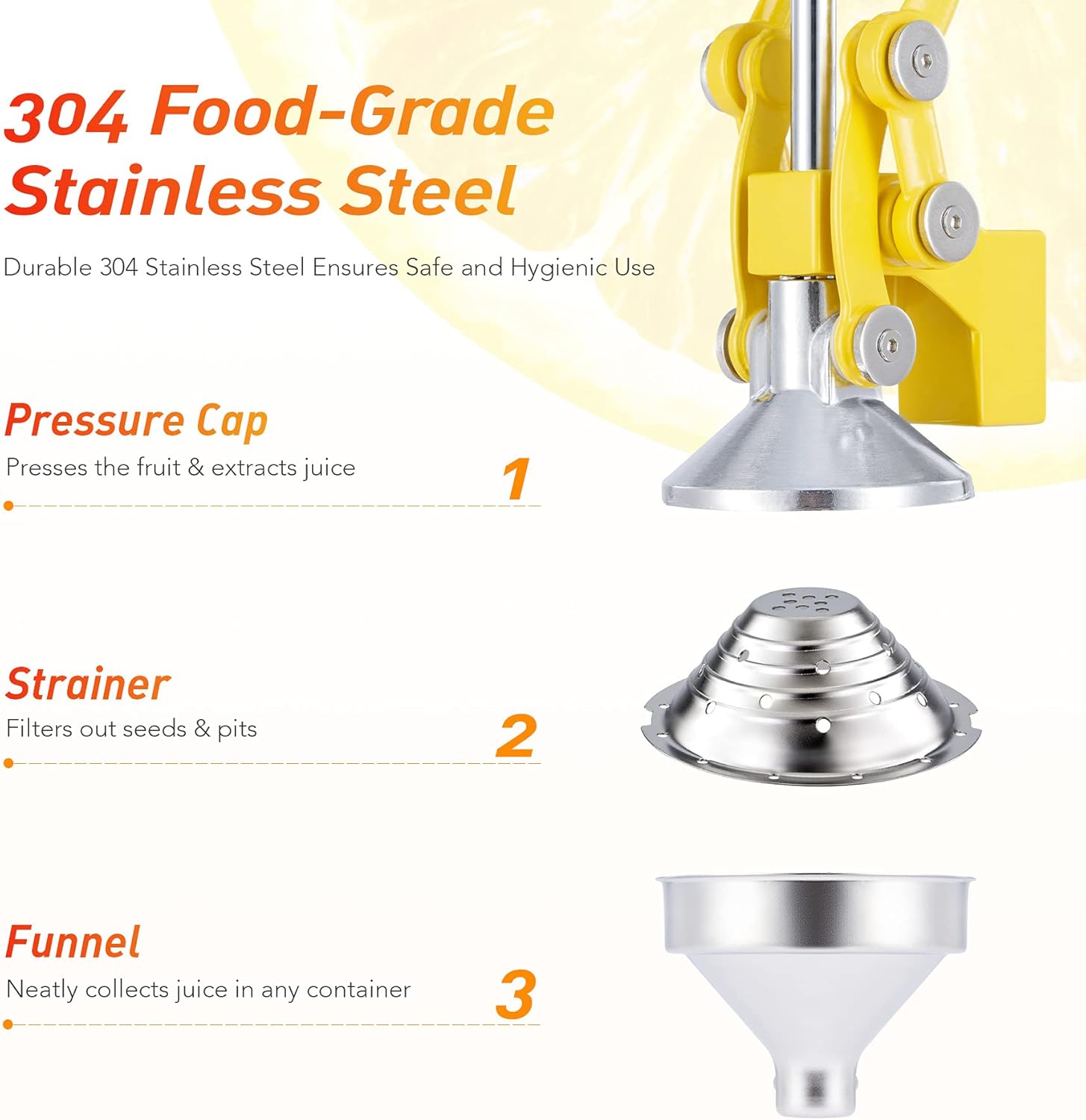 Stainless steel juicer components with yellow handle on a white background