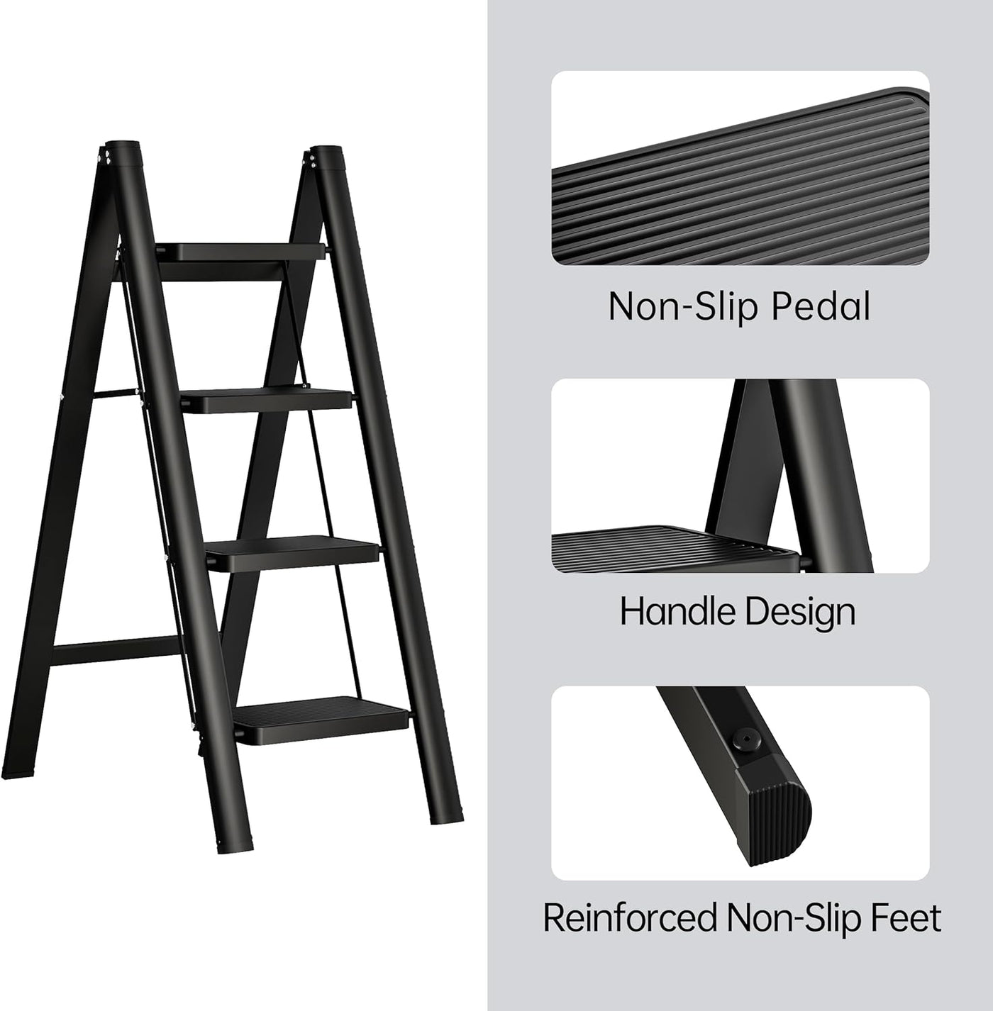 Folding Ladder 4-Step 270KG Capacity Anti-Slip Wide Treads Black JOISCOPE