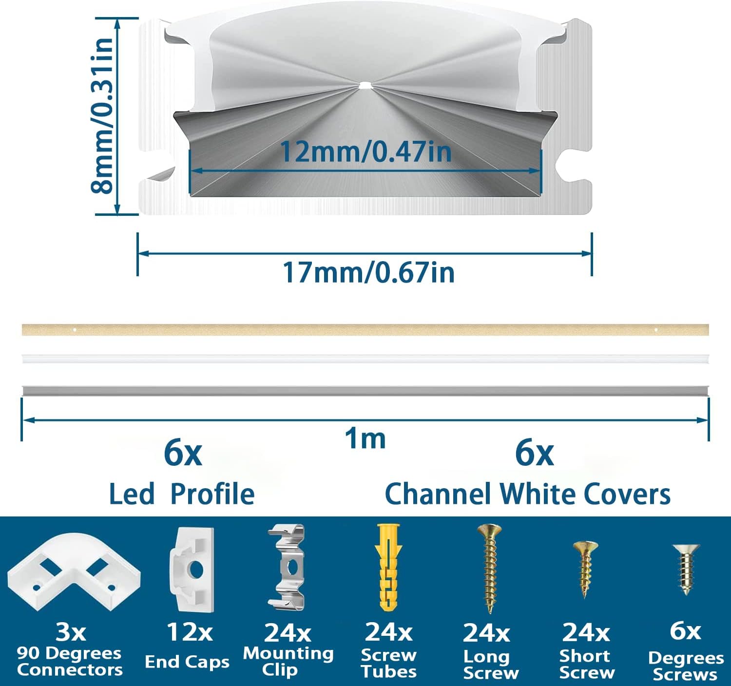 4 Pack U-Shape 1m LED Aluminum Profile, Milky Cover End Caps & Mounting Clips