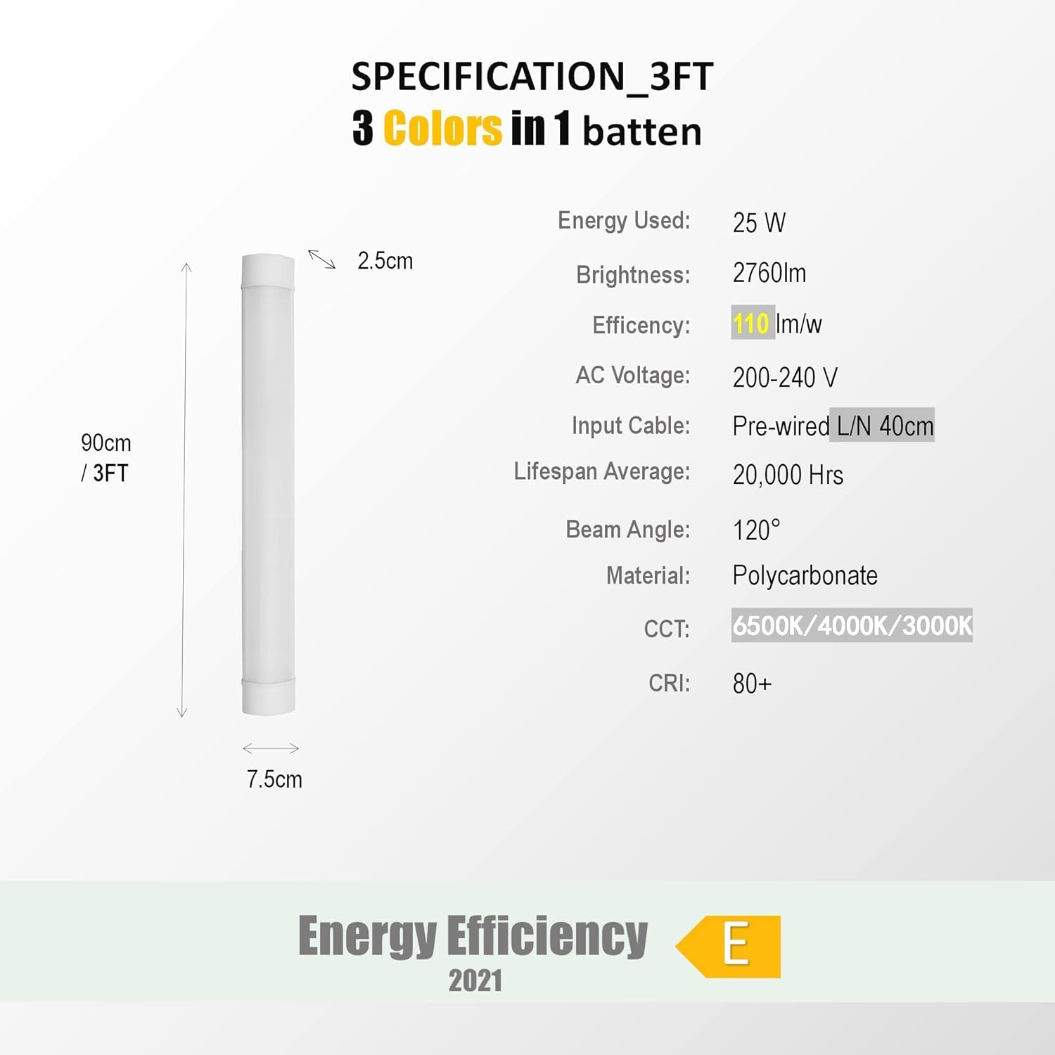 Sundertech® 3FT LED Batten Light Set of 2, 25W, 2760LM, 3CCT Selectable