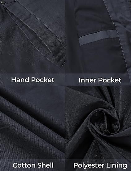 Close-up of a black jacket with labeled pockets and materials.