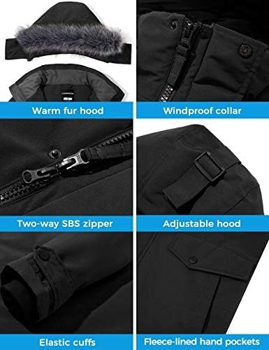 Black jacket features with labels on warm fur hood, windproof collar, two-way SBS zipper, adjustable hood, elastic cuffs, and fleece-lined hand pockets.