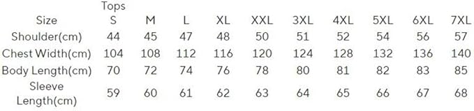 Measurement chart for tops with size chart in centimeters