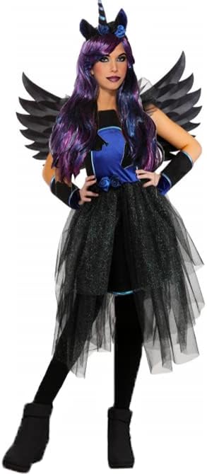 Person wearing a costume with black and purple wings and hair, standing against a white background.