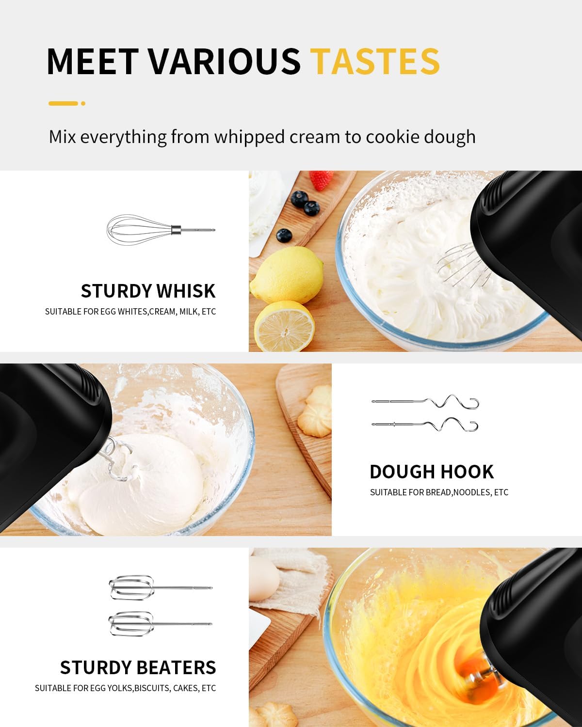 Kitchen utensils including a whisk, dough hook, and beaters with text on a white background.