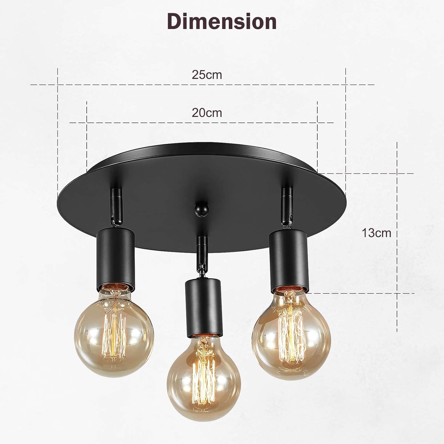 Black ceiling light fixture with three lit bulbs and dimensions labeled on a white background