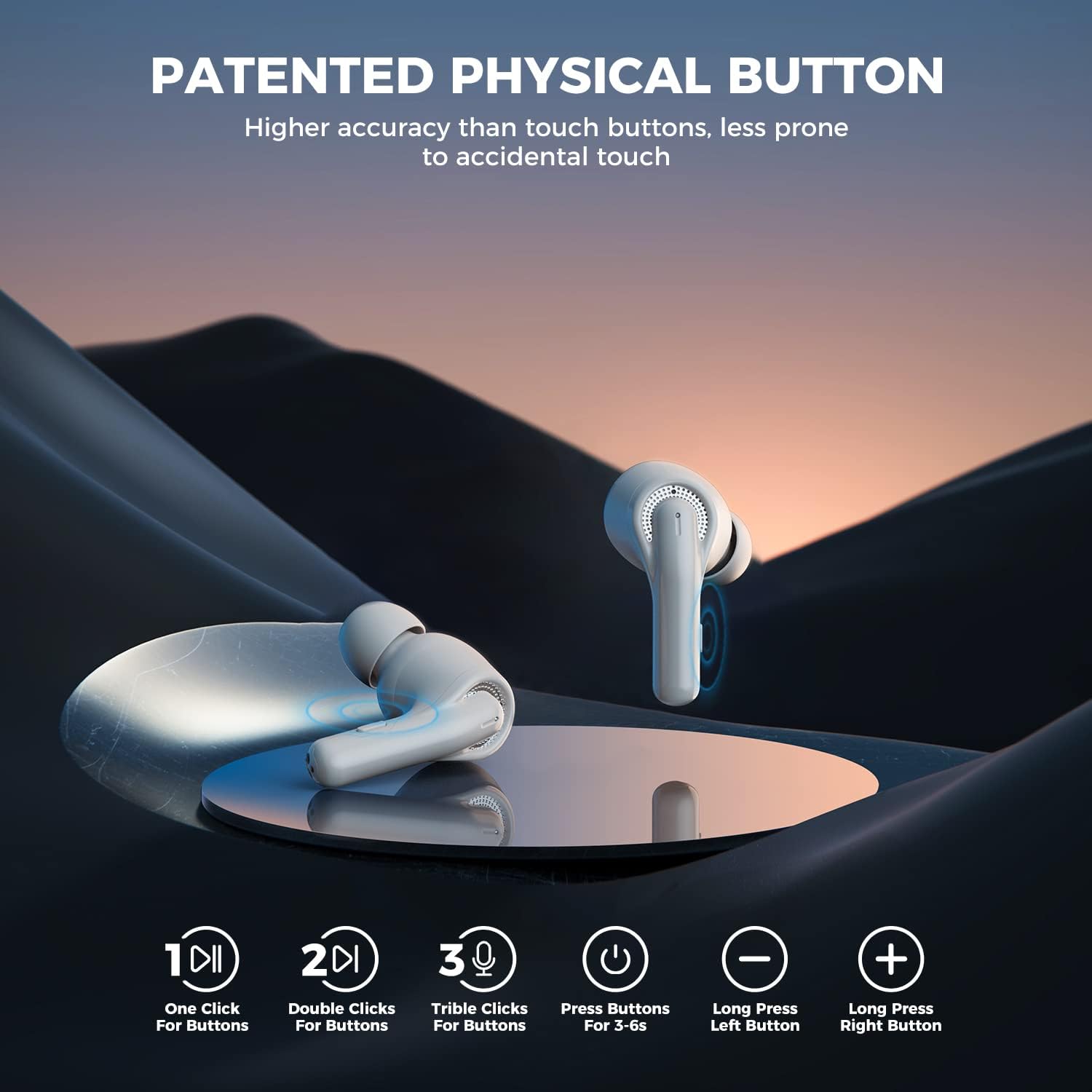 Wireless earbuds with physical buttons on a mountainous background