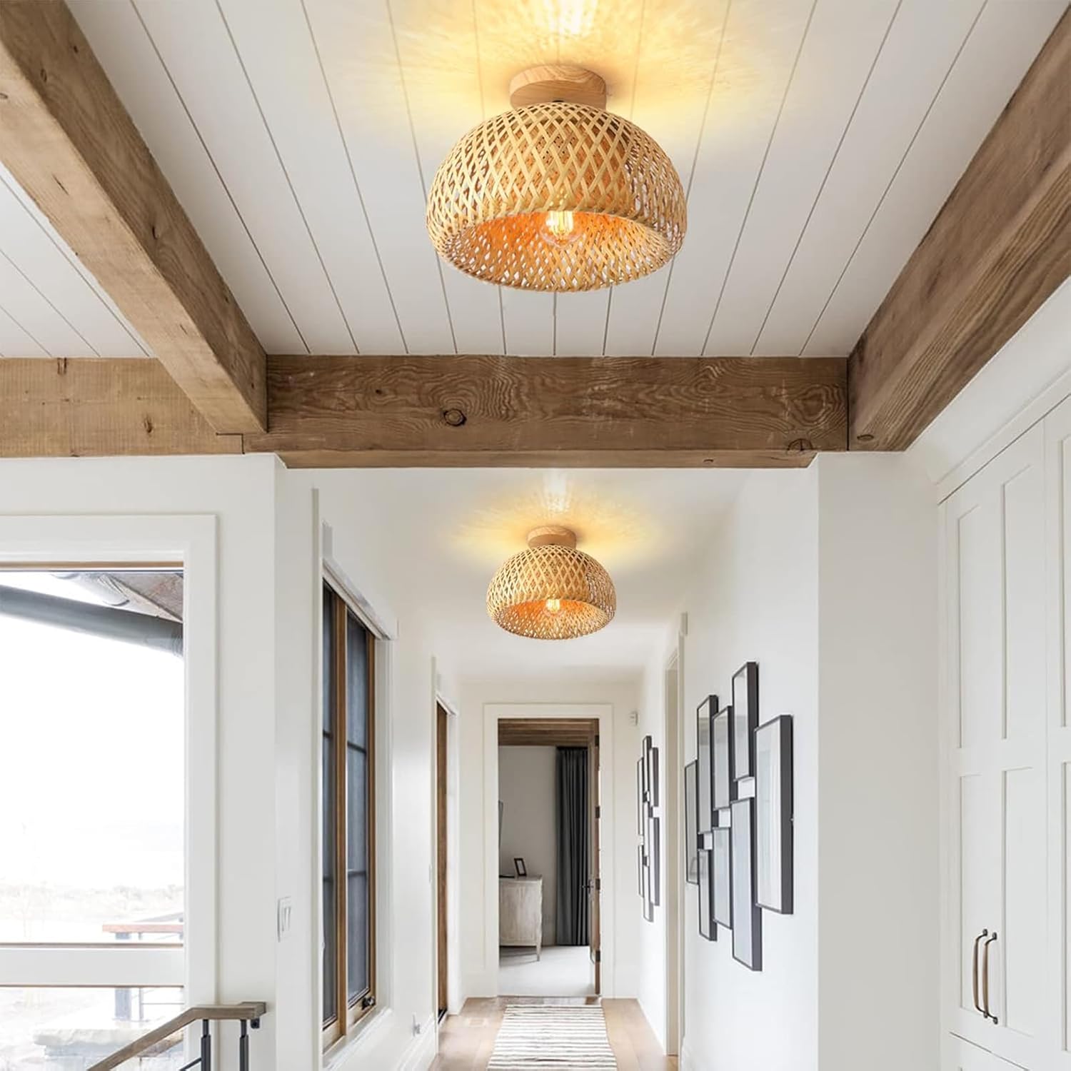 Modern interior hallway with wooden beams and ceiling lights