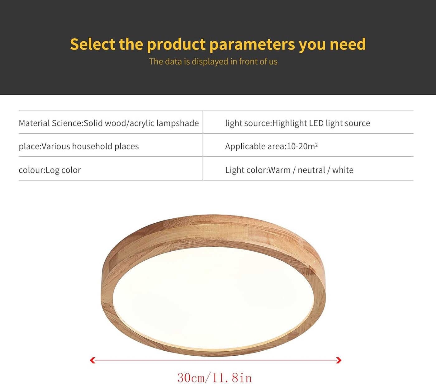 Schindora Wooden LED Ceiling Light – 20W, 6000K Cool White, Ø30cm