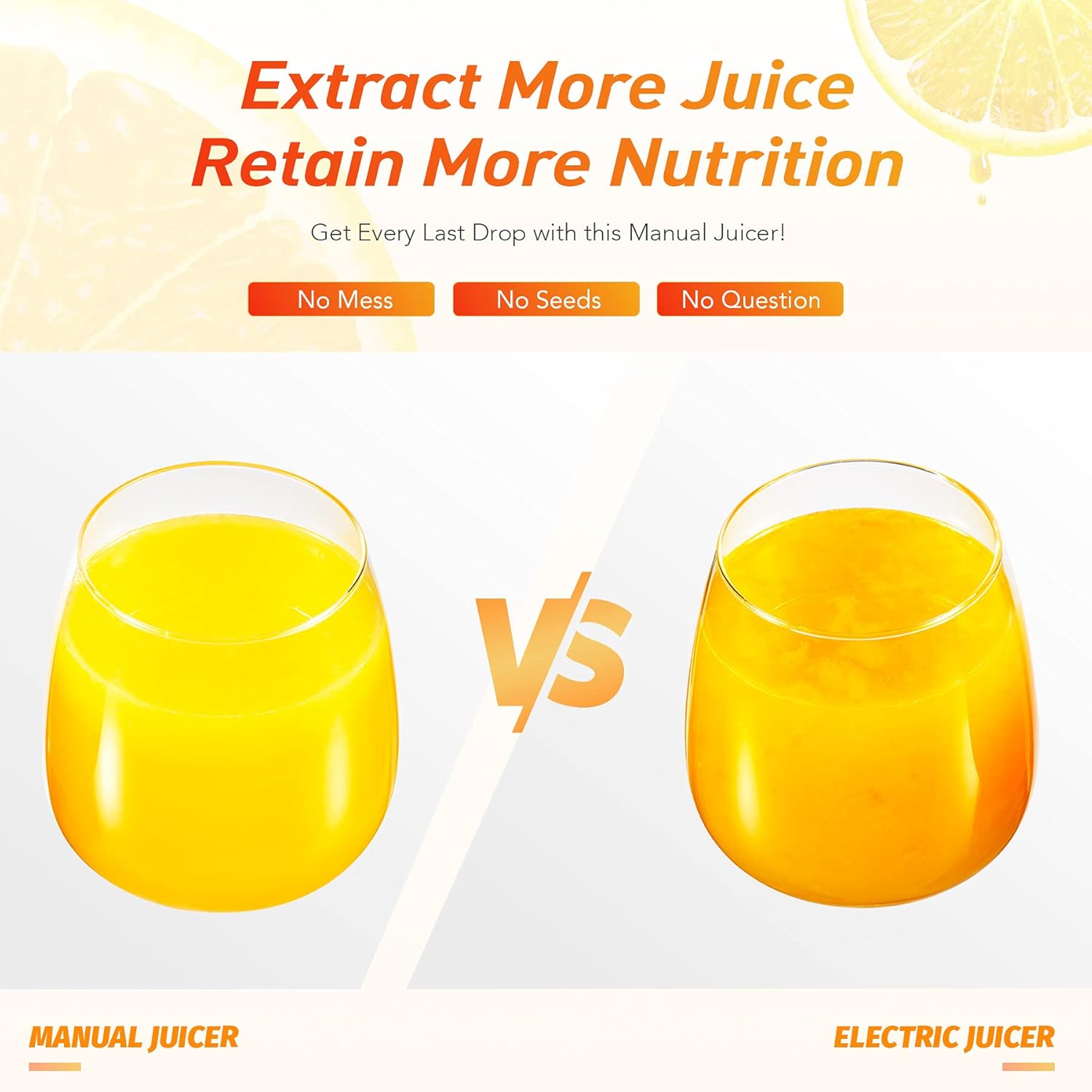 Comparison between manual and electric juicer with glasses of orange juice on a white background.