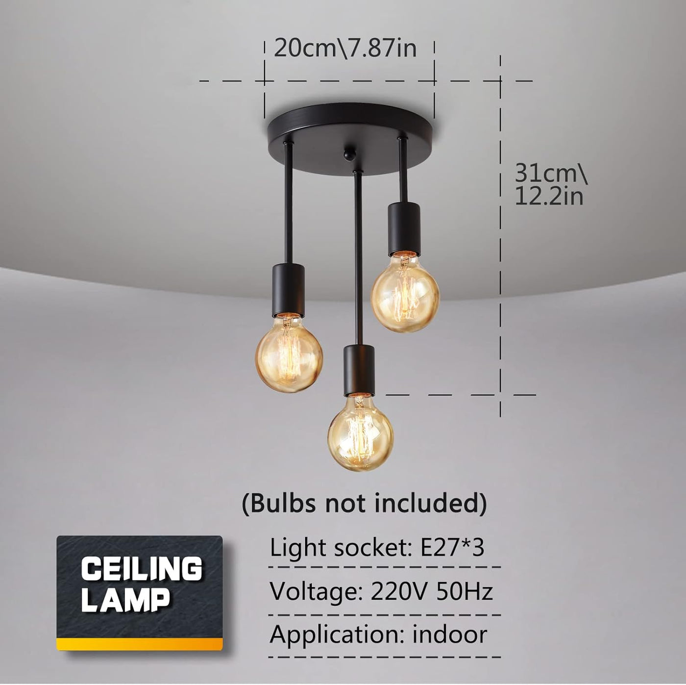Ceiling lamp with three light bulbs and dimensions on a gray background