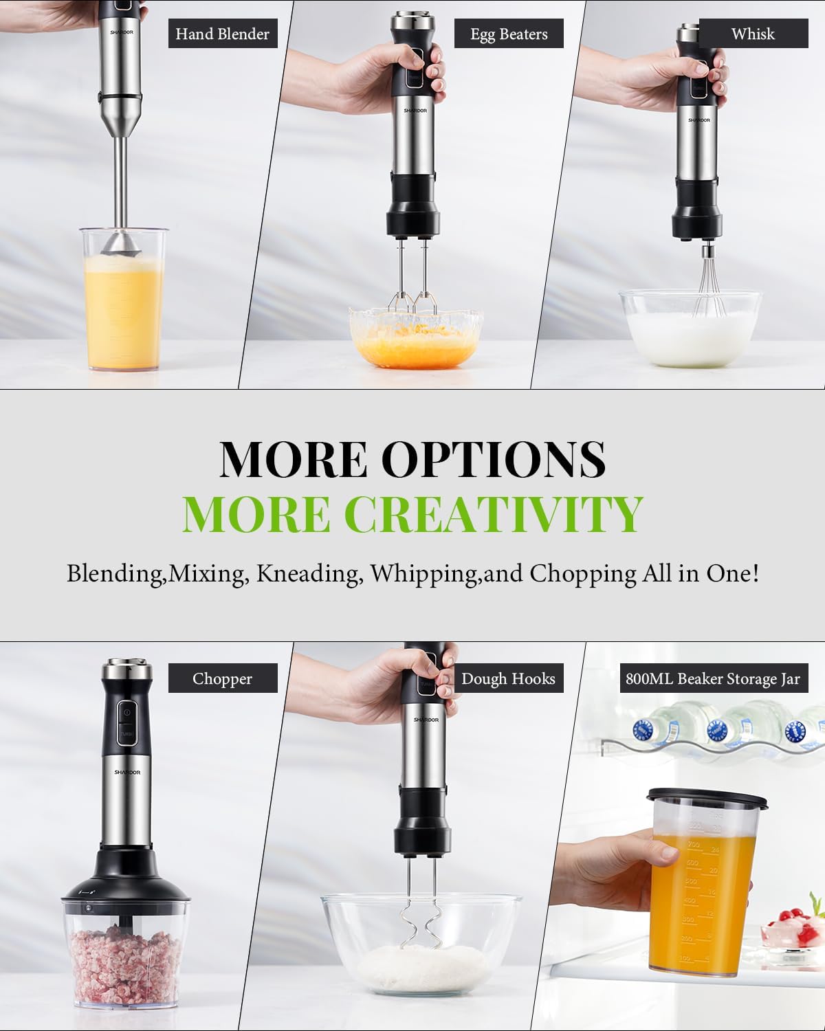 Multifunctional handheld blender with various attachments being used to blend, mix, knead, whisk, chop, and store ingredients.