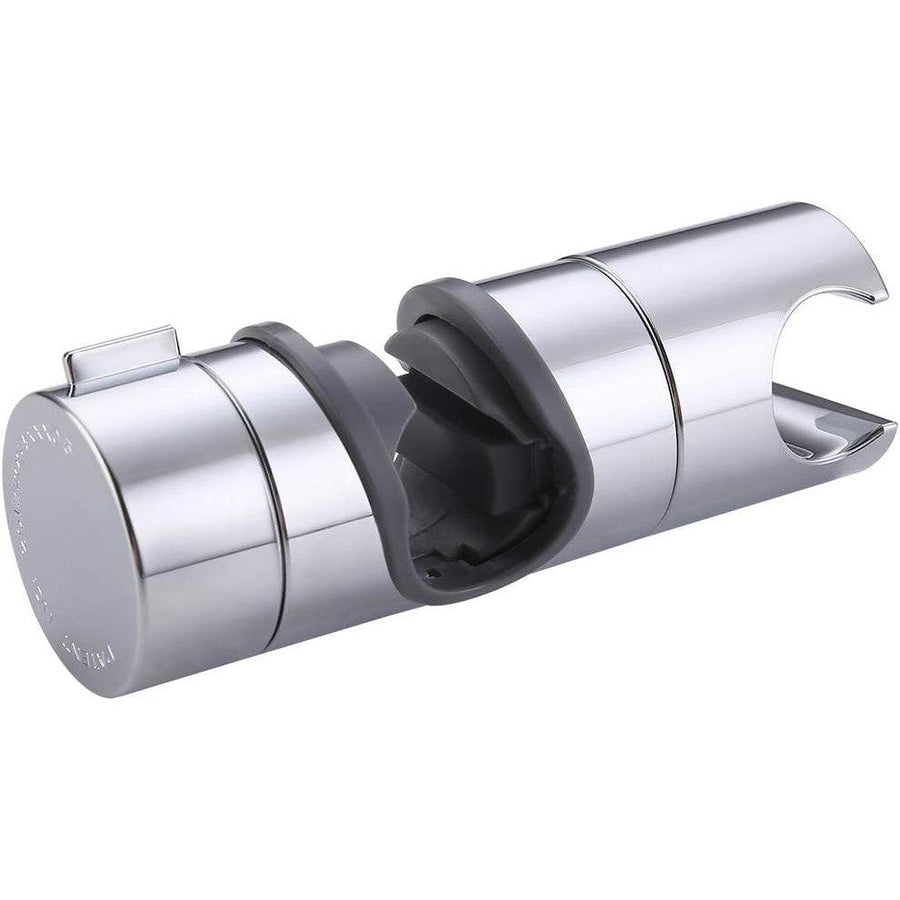 Chrome-finished shower head holder with adjustable diameter and height, featuring a protective silicone pad and 360-degree rotation capability.