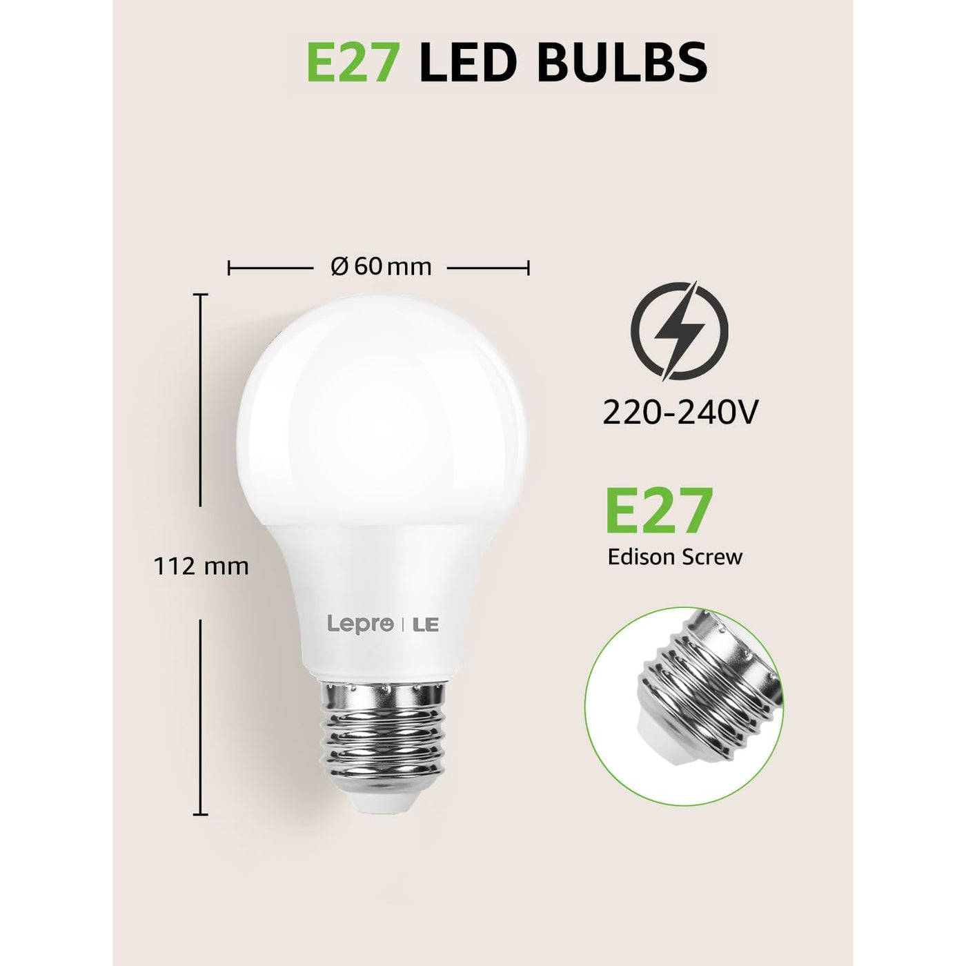 Lepro E27 6 Pcs LED Bulbs 60W Equivalent, 8.5W 806lm Warm White, Non-Dimmable