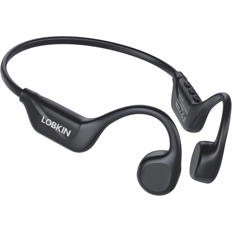 Black wireless earbud headset with Lobkin branding on a white background