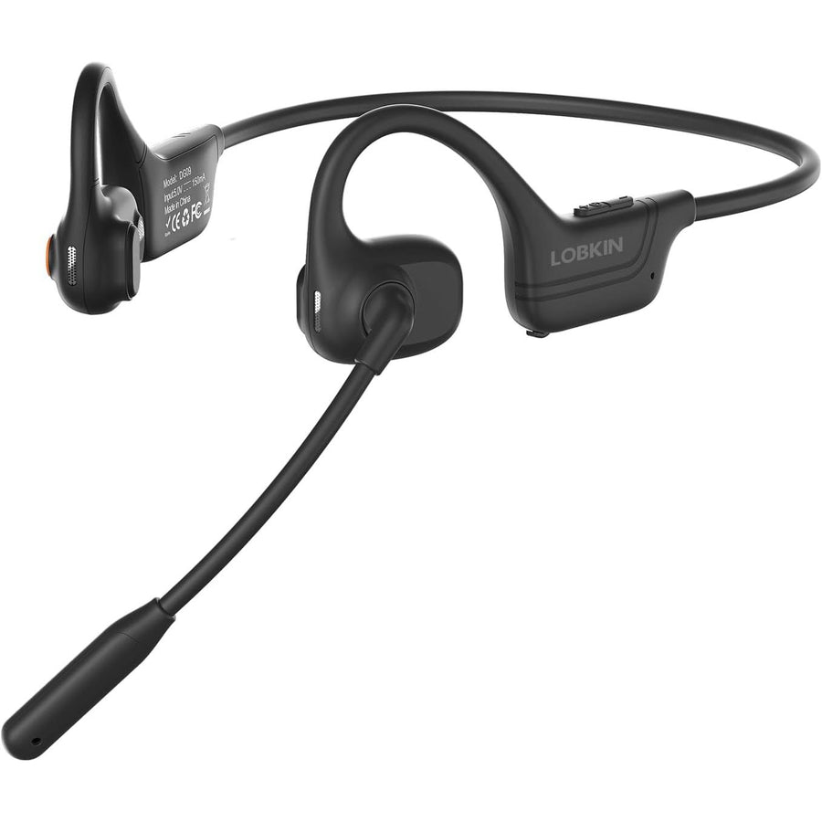 Black wireless earbud headset with microphone on a white background