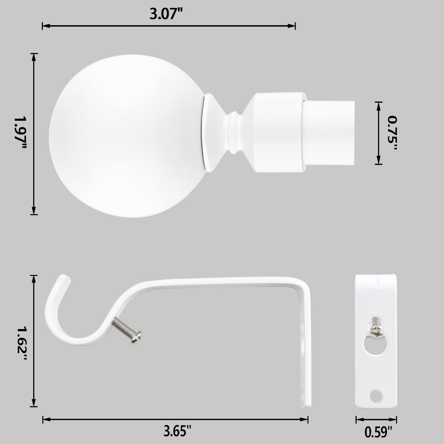 White Extendable Curtain Pole 120-300cm with Metal Ball Finials, 19mm Diameter