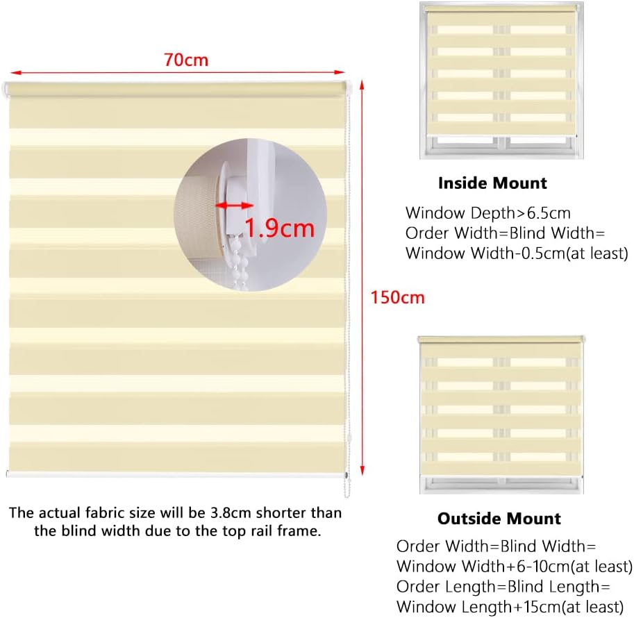 Kokorona Day & Night Zebra Roller Blinds, 75x150cm, Light Filtering, Beige