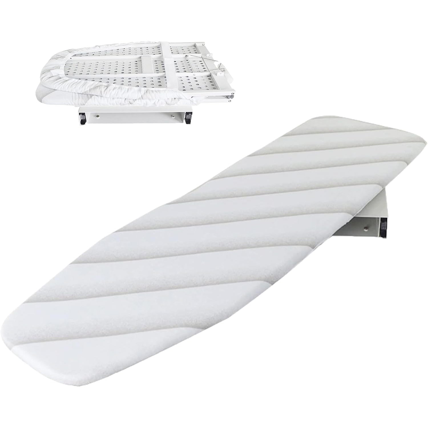 A white Nisorpa pull-out ironing board with a heat-resistant cover, shown both folded and unfolded.