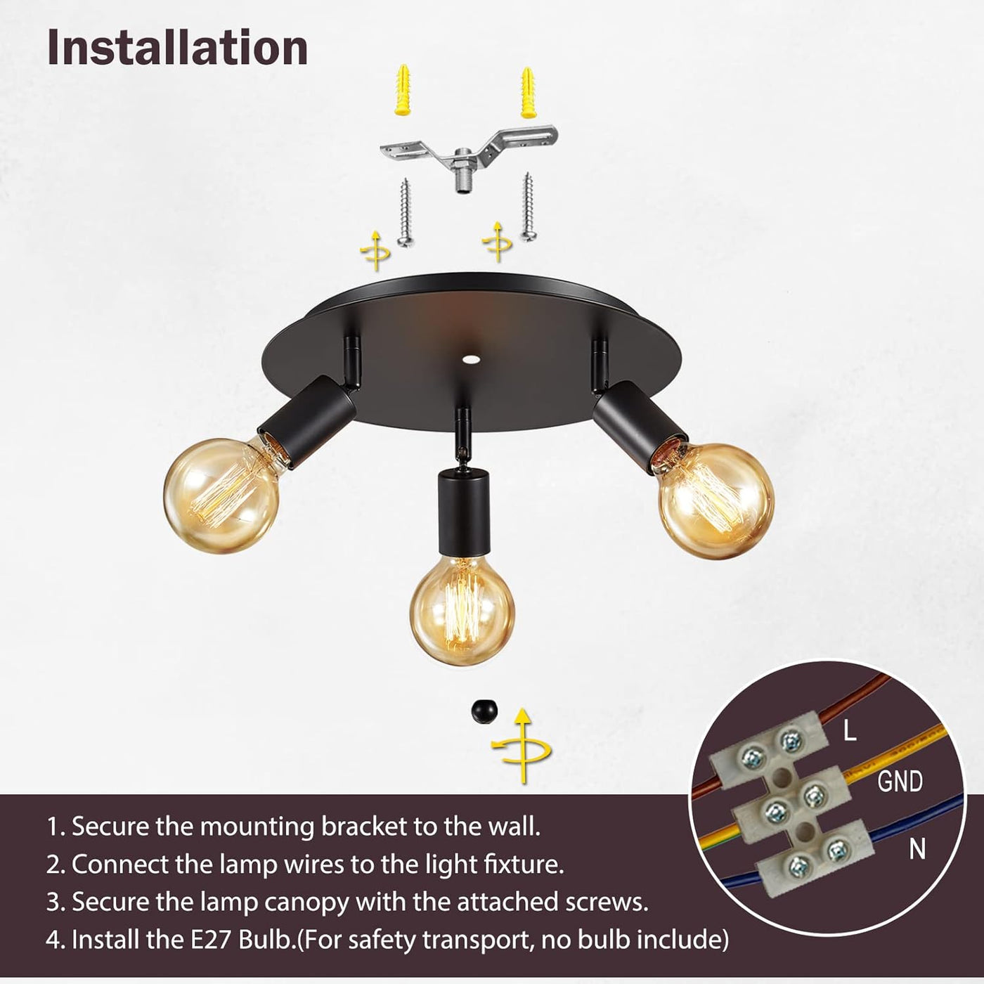 Ceiling light fixture installation guide with components and steps.