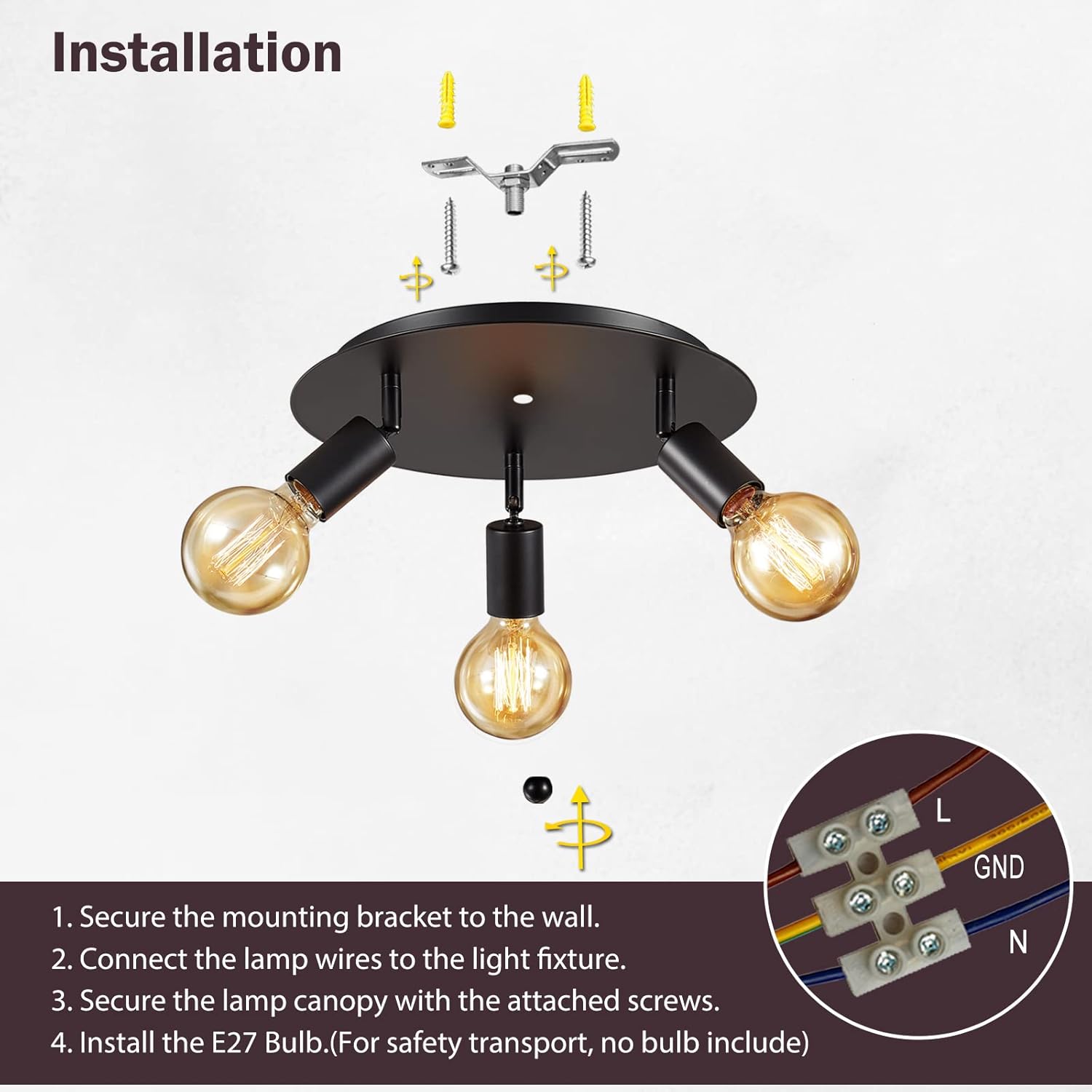Ceiling light fixture installation guide with components and steps.