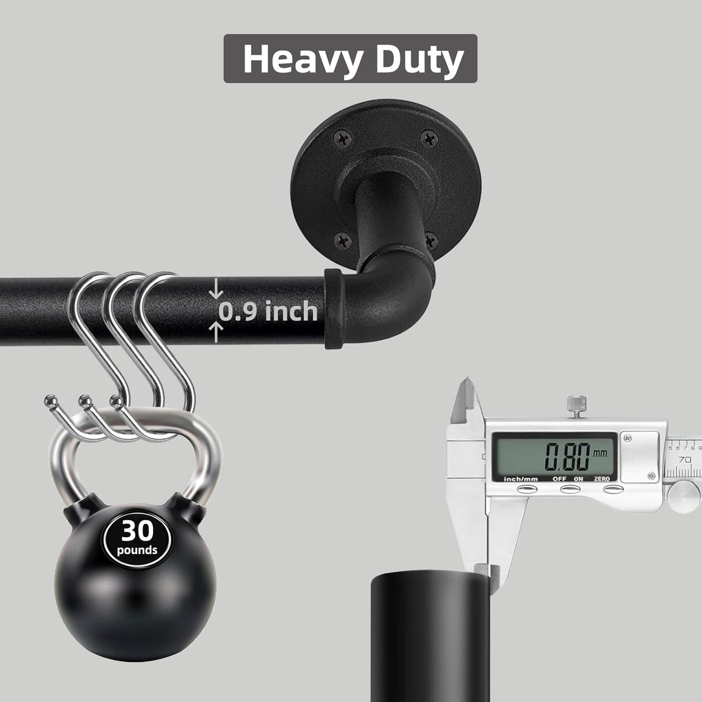 Heavy-duty metal rod with hooks and a digital caliper on a gray background