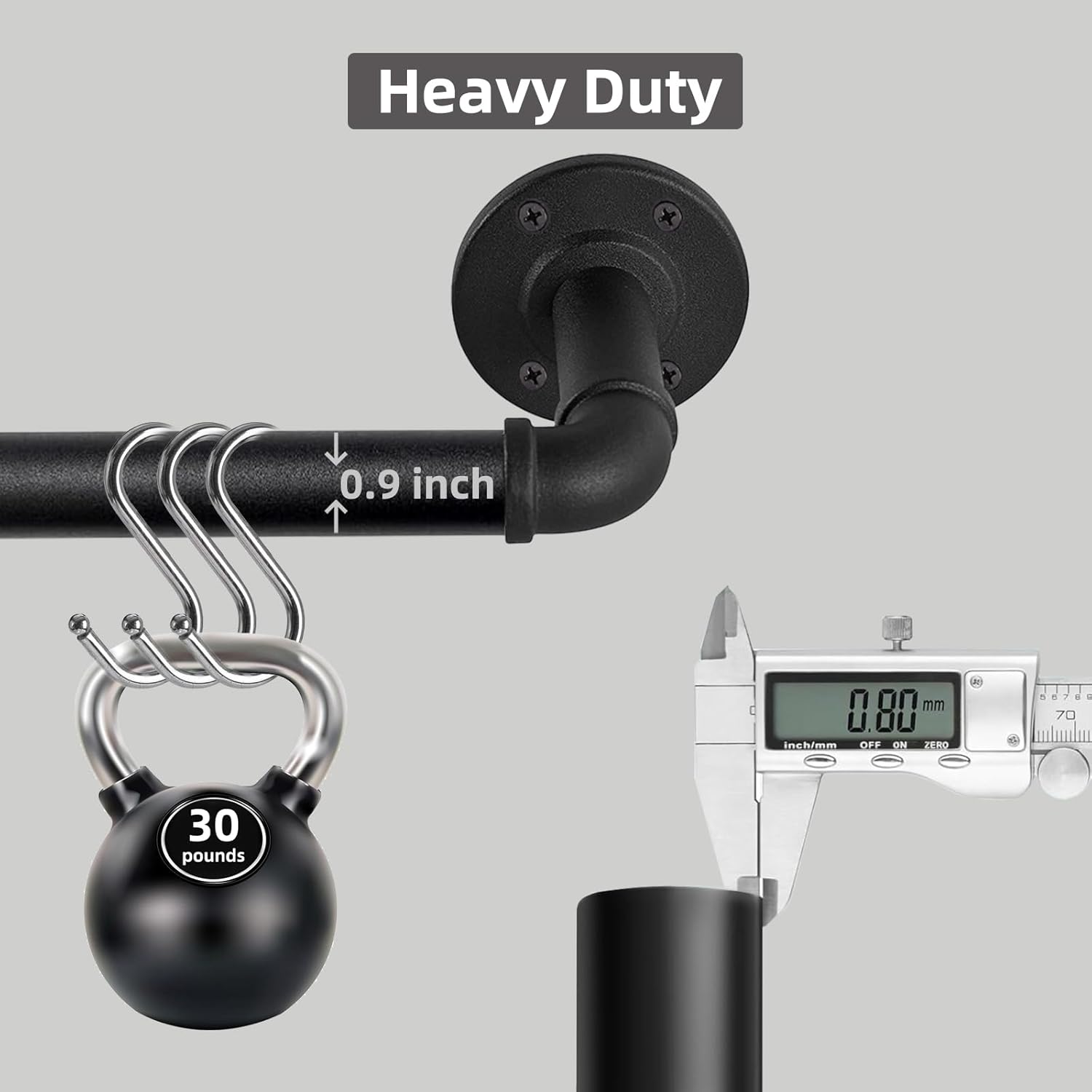 Heavy-duty metal rod with hooks and a digital caliper on a gray background