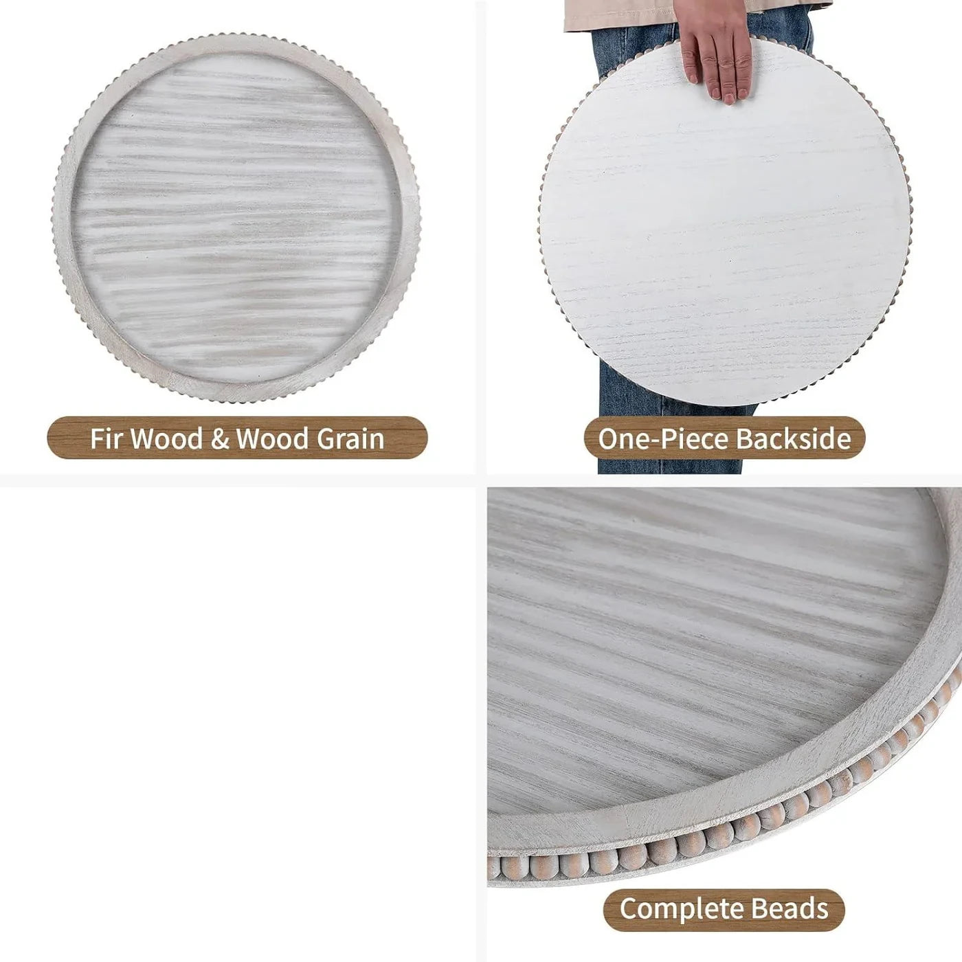 HANOBE Set Round Decorative Tray, Wood Table with Beaded 18 inch/45cm