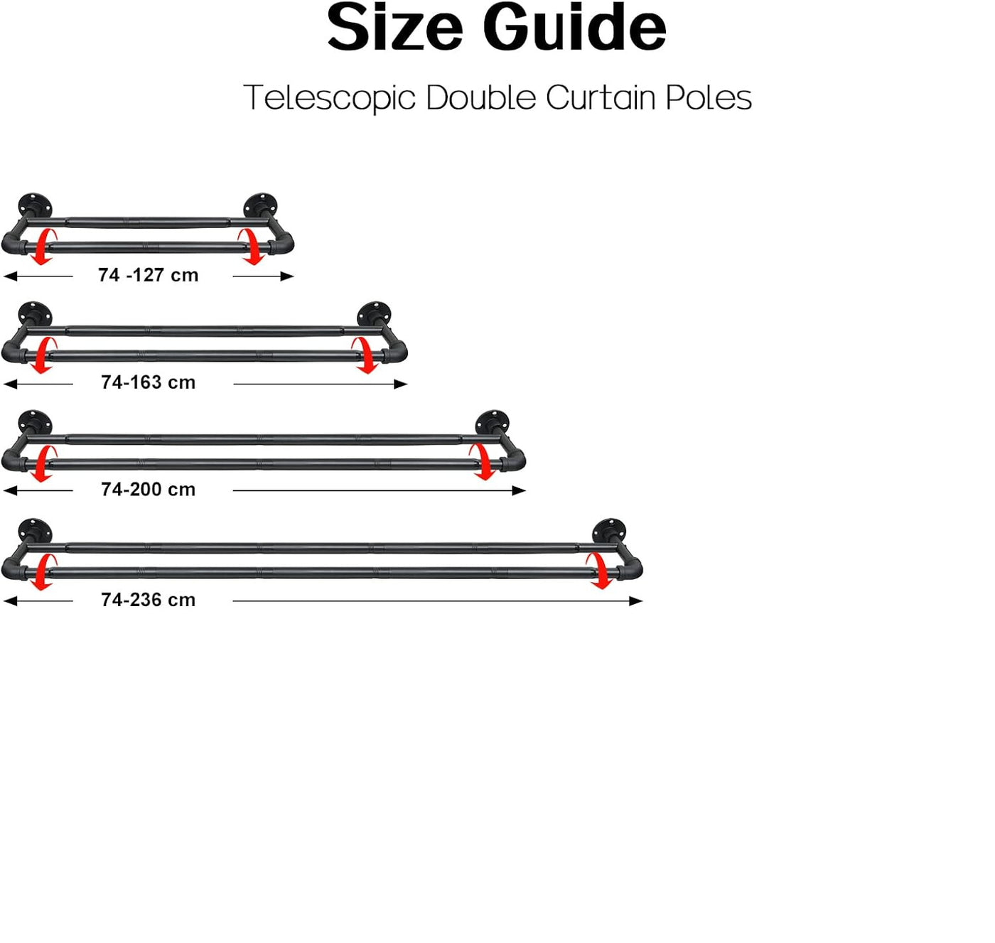Size guide for telescopic double curtain poles on a white background