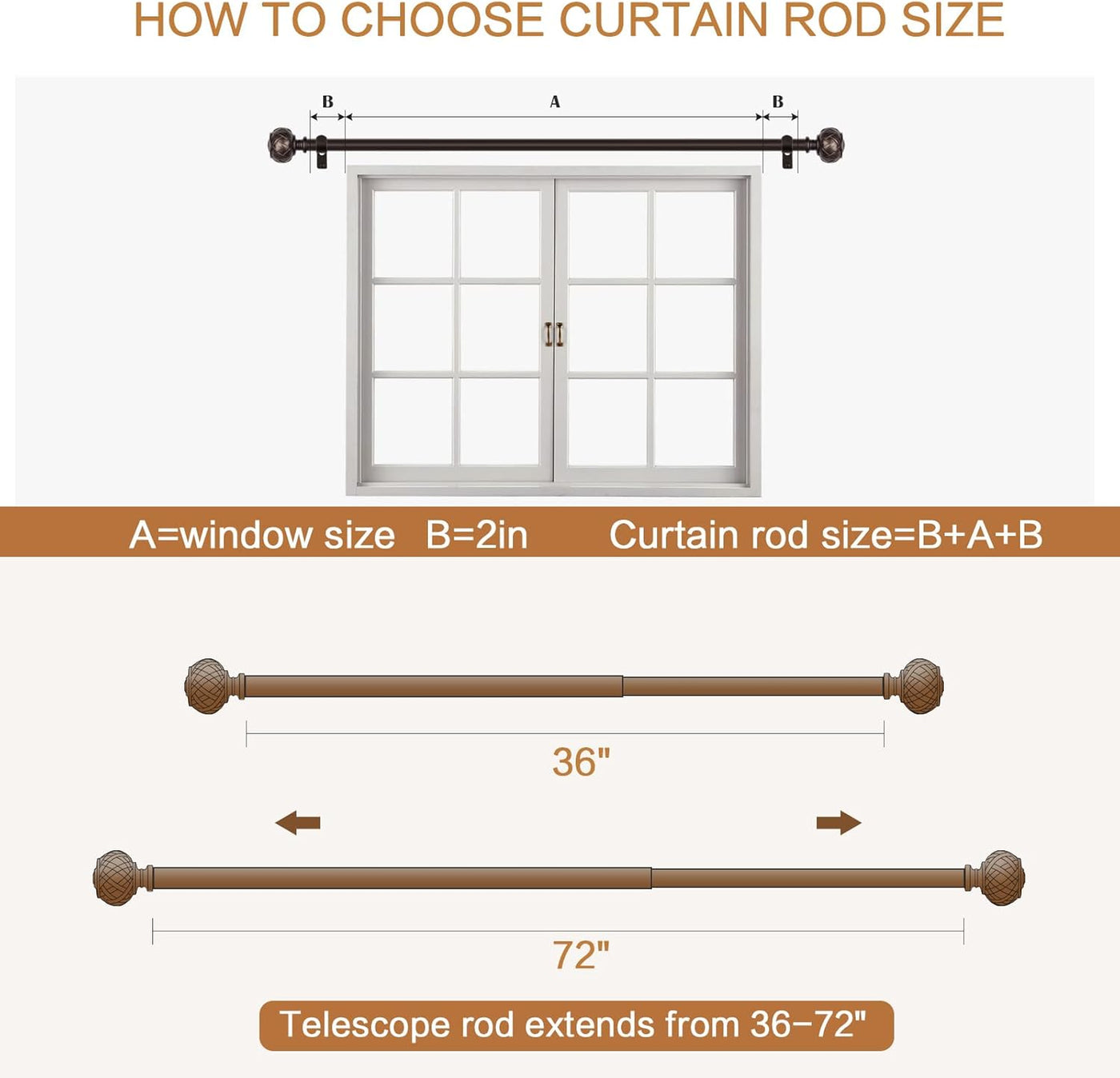 3pcs SZXIMU Curtain Pole 182-365cm (72-144''), Extendable, Netted Finials, Brown