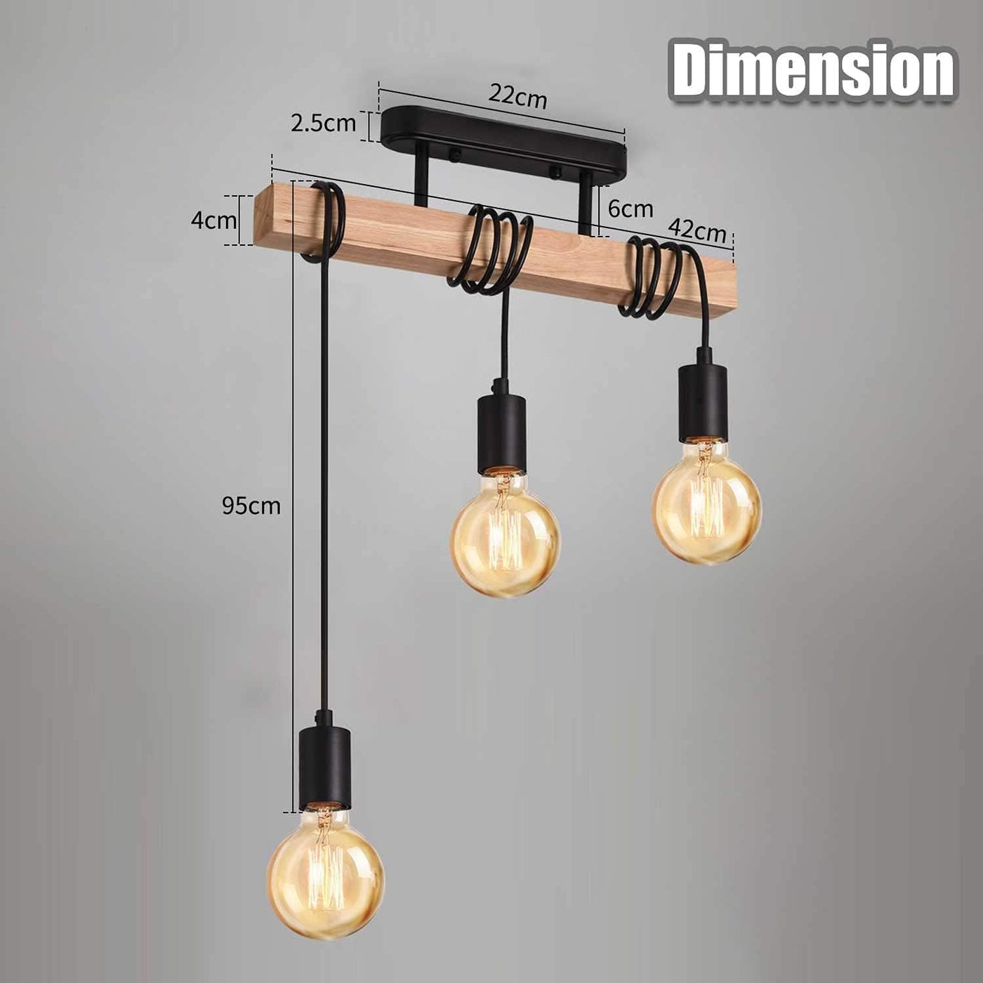 Ceiling light fixture with three hanging bulbs and dimensions labeled on a gray background