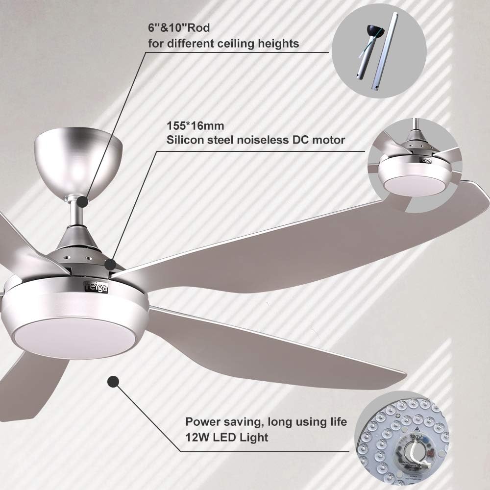 Reiga Smart Ceiling Fan 137cm Dimmable LED Remote Control Silver