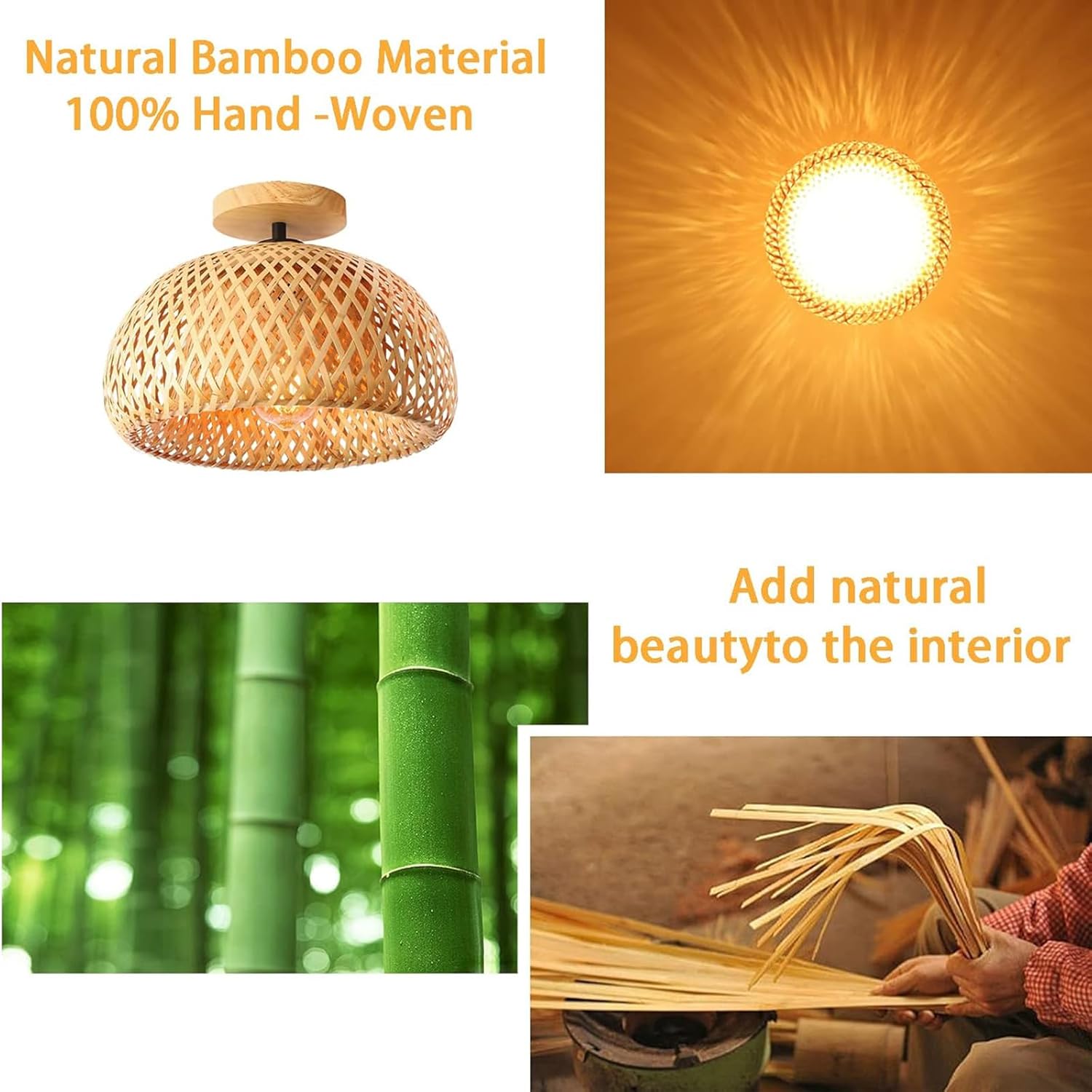 Bamboo pendant light with bamboo material and hand-woven details, surrounded by images of bamboo plants and a person working with bamboo.