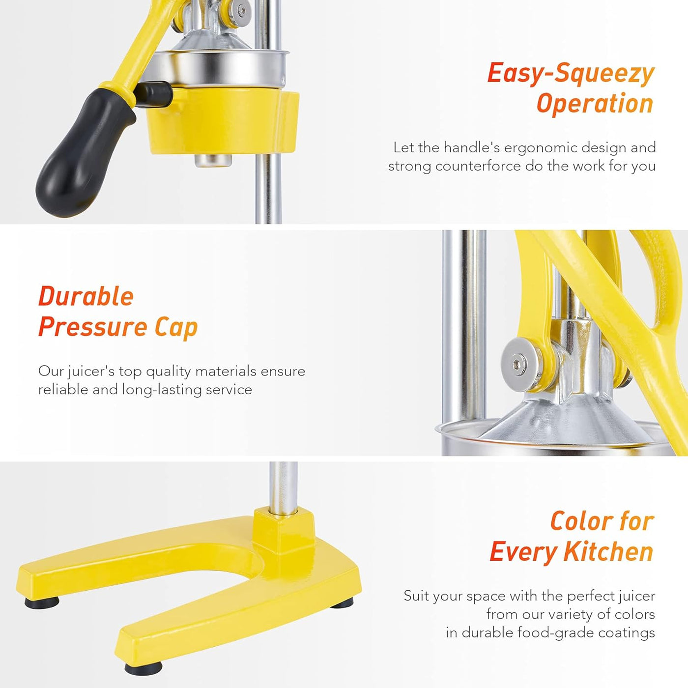 Yellow manual juicer with text highlighting features on a white background