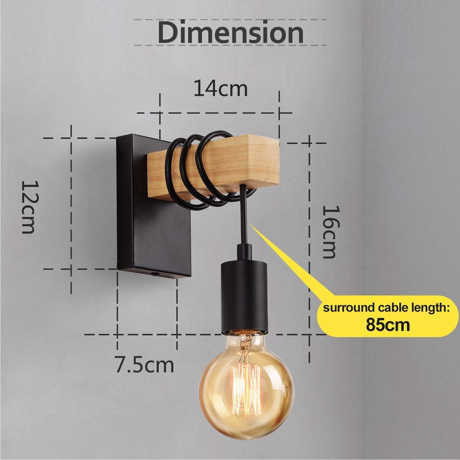 Wall-mounted light fixture with dimensions and cable length indicated on a gray background